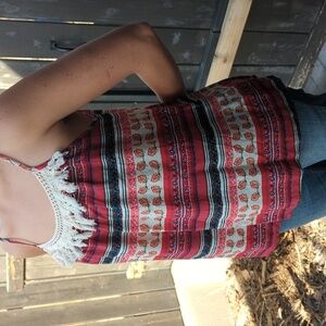 Umgee Flowy Paisley Babydoll Fringe Tank, L